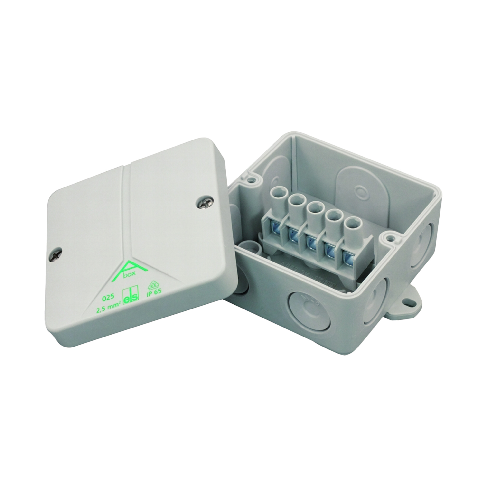 Abzweigdose Spez A 025 mit Befestigungslaschen und Klemmstein